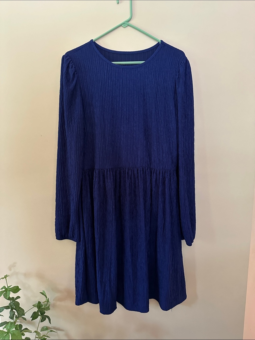Navy Blue Textured Long Sleeve Dress